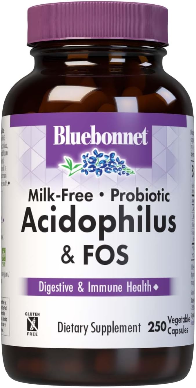 Bluebonnet Nutrition Milk-Free Probiotic Acidophilus &amp FOS Digestive Health* Immune Health* Gluten-Free Soy-Free Dairy-Free 250 Vegetable Capsules 250 Servings
