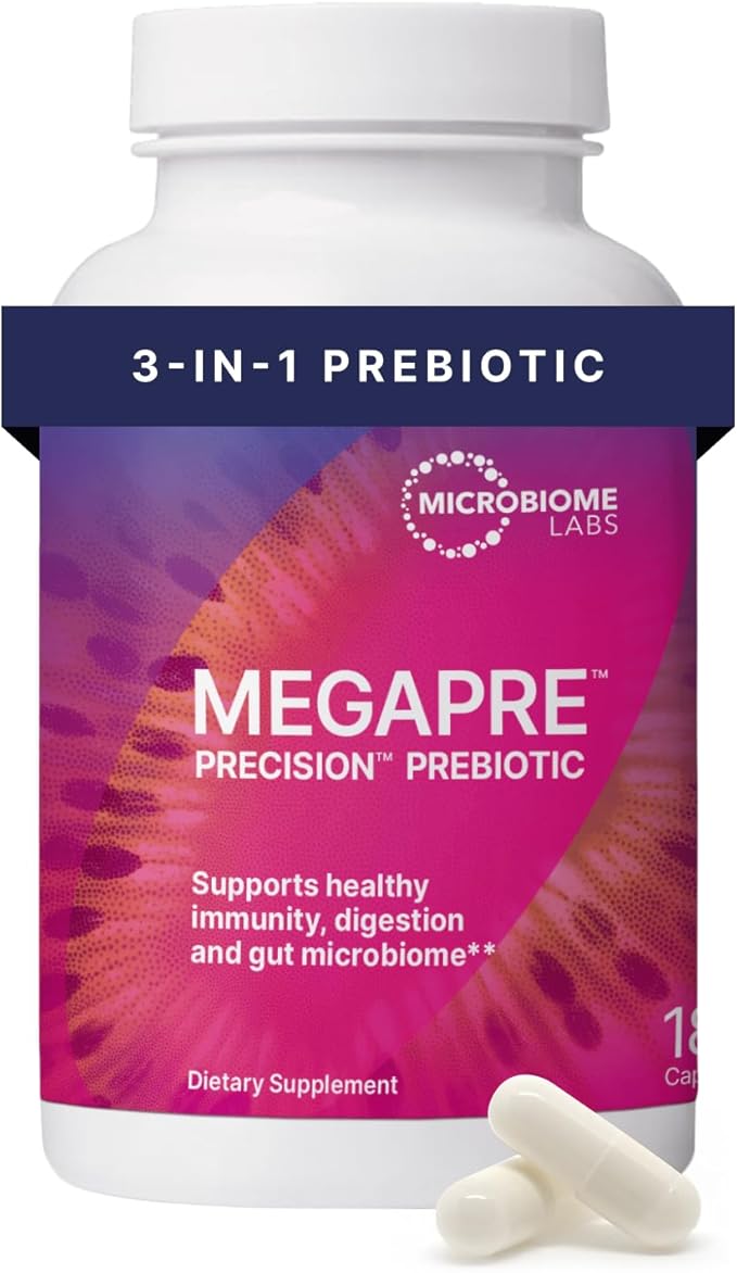 Microbiome Labs MegaPre Prebiotic Fiber Supplement in Vegetable Capsules - Prebiotic Supplement with Clinically Tested Oligosaccharides - Support Microbial Diversity &amp Gut Health (180 Capsules)