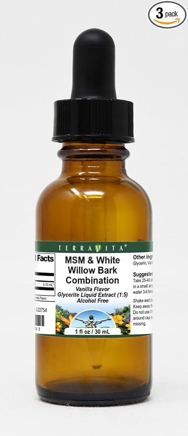MSM &amp White Willow Bark Combination Glycerite Liquid Extract (1:5) - Vanilla Flavored (1 oz ZIN: 522754) - 3 Pack