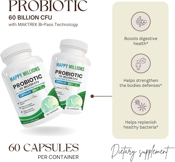 Probiotic Supplement – 60 Billion CFU for Gut &amp Immune Health – Probiotics for Men and Women with Lactobacillus &amp Bifidobacterium – Shelf Stable – 60 Capsules