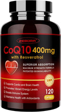 ZEBORA CoQ10-400mg with Trans-Resveratrol PQQ &amp Vitamin E - High Absorption Coenzyme-Q10 with BioPerine - Powerful Antioxidant for Heart &amp Energy-Production120 Veggie Capsules
