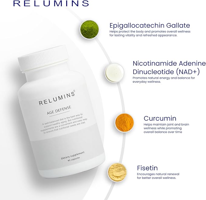 Relumins Age Defense NAD+ Supplement with NADH CoQ10 Glutathione Resveratrol Fisetin Curcumin &amp EGCG - Antioxidant Support Supplement – 60 Vegan Capsules