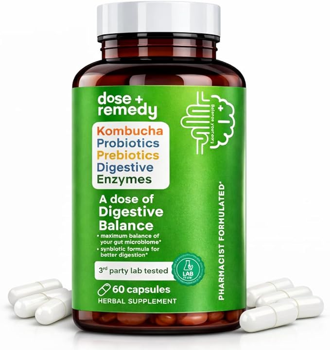 A dose of Digestive Balance-Gut Health Supplement-USDA-Kombucha 7 Probiotic Strains and Prebiotics for Microbiome-Digestive Enzymes for Digestion-Bloating Relief for Women and Men (60 Count)