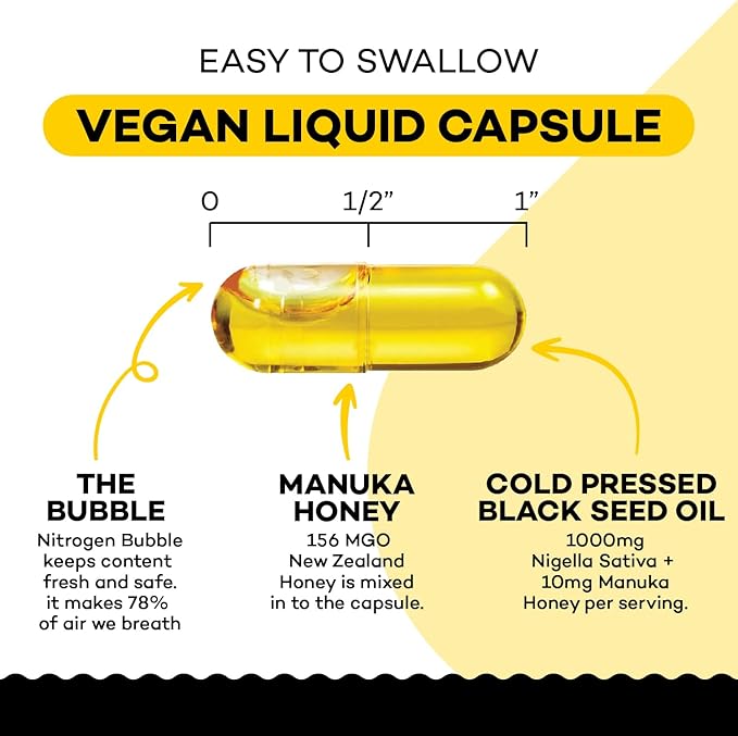 Black Seed Oil Capsules - With New Zealand Manuka Honey Cold Pressed Turkish Nigella Sativa Oil 2% Thymoquinone Immune &amp Digestive Support Made in USA 60 Count 1010mg per serving