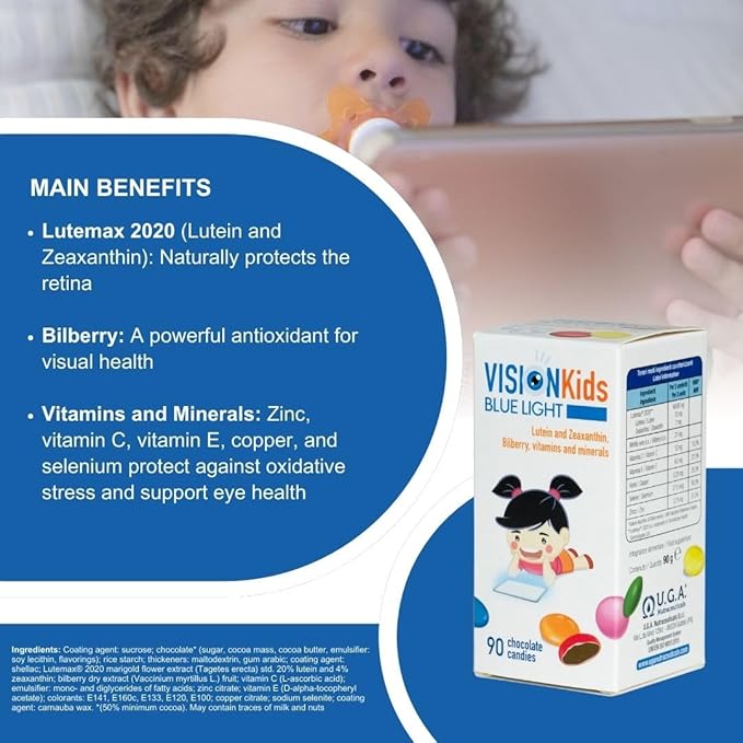OMEGOR Lutein and Zeaxanthin Supplement for Kids Eyes (90 Chocolate Dragèes) - Vision Kids Blue Light Eyesight Supplement for Retina Protection