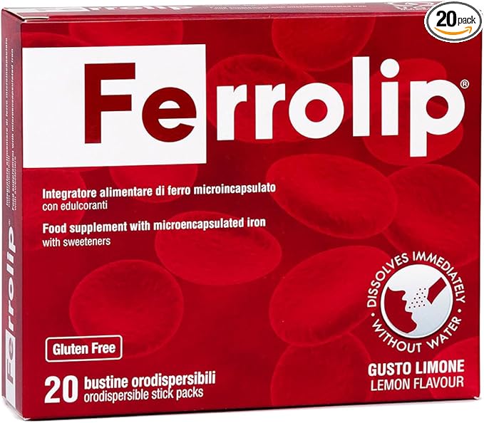 Ferrolip Iron Supplement for Women Men and Kids (20 Lemon Flavored Soluble Sachets) - Gastrointestinal Comfort and No Metallic Taste - Vegan and Gluten Free
