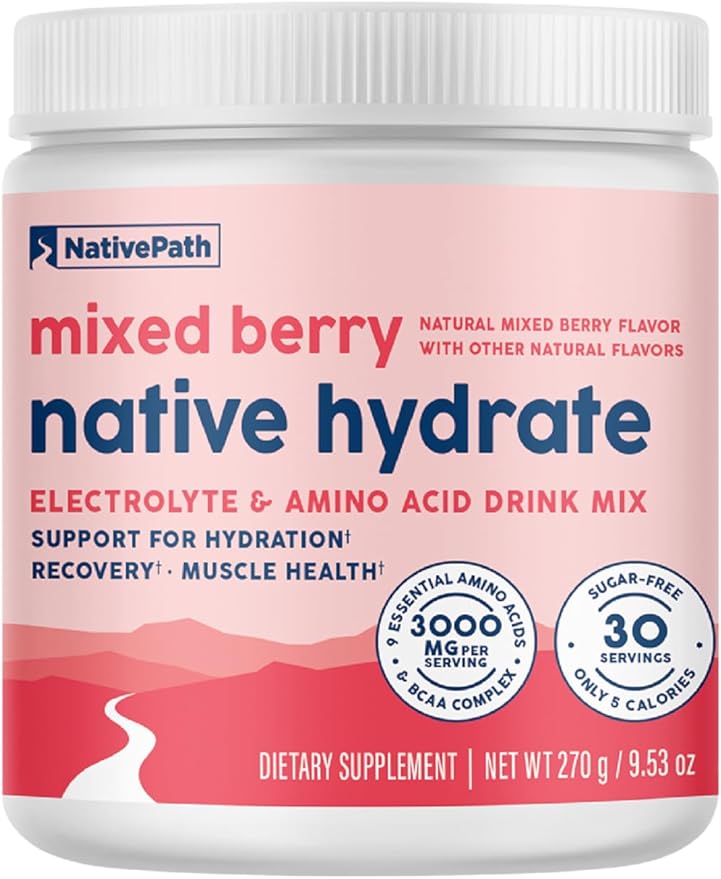 NativePath Hydrate Zero Sugar Electrolytes Powder with BCAAs Mixed Berry Hydration Keto &amp Paleo Friendly 30 Servings