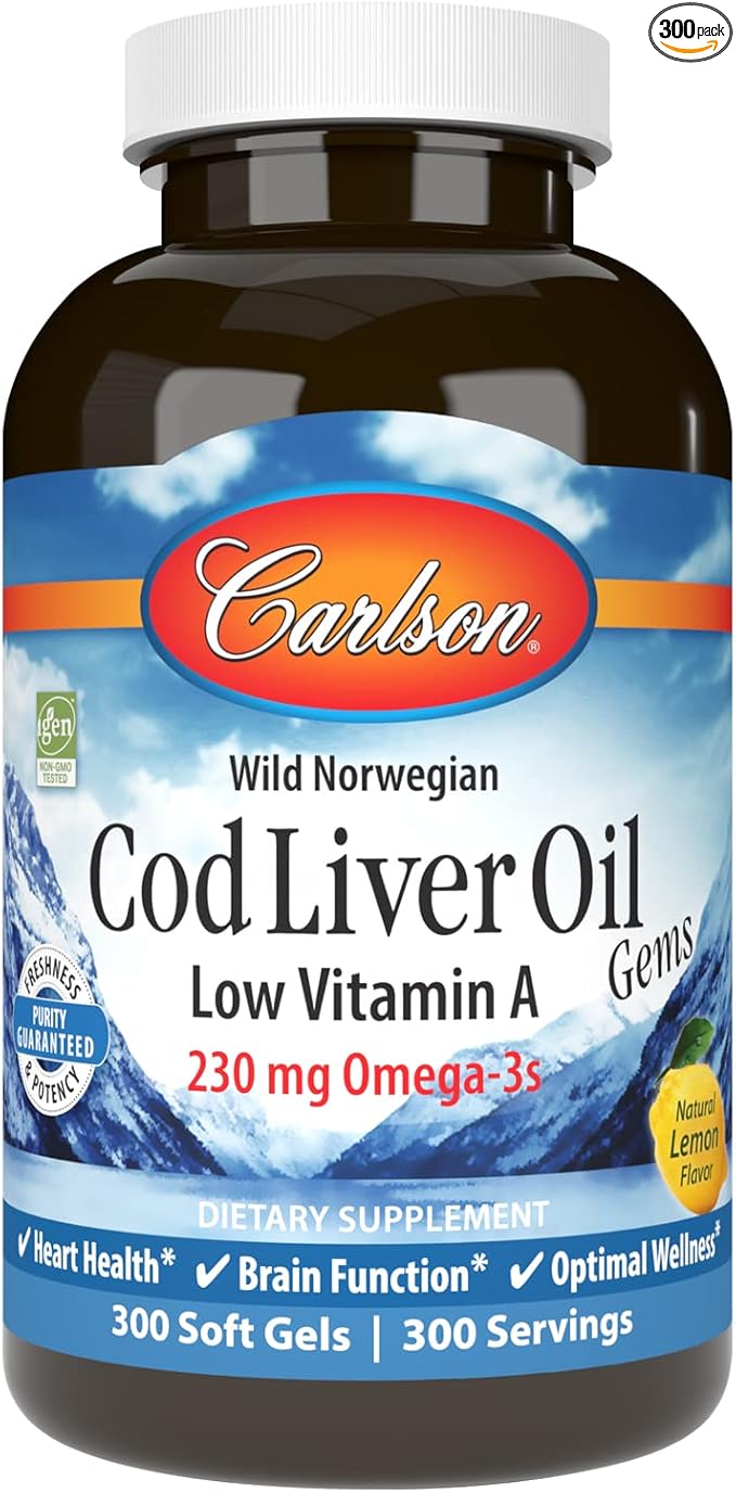 Carlson - Cod Liver Oil Gems Low Vitamin A 230 mg Omega-3s Norwegian Wild Caught Sustainably Sourced 300 Softgels
