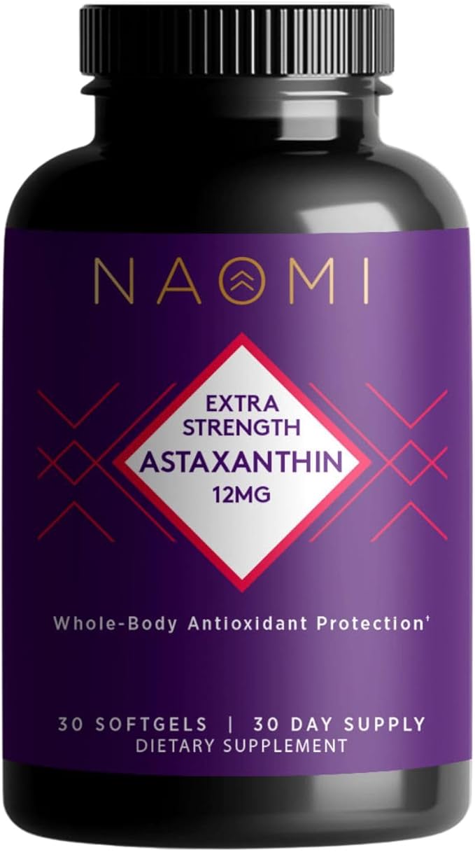 NAOMI Extra Strength Astaxanthin Supplement 12mg - 3X Potency Antioxidant for Skin Eye Joint and Brain Health - 30 Softgels Non-GMO