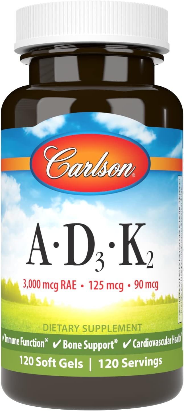 Carlson - Vitamins A D3 K2 3000 mcg RAE Vitamin A 125 mcg Vitamin D3 90 mcg Vitamin K2 as MK-7 Bone Building Calcium Utilization 120 Soft Gels