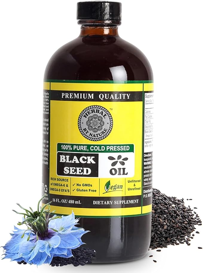 Pure Black Seed Oil - 100% Pure Nigella Sativa - Cold Pressed - Vegan - Non GMO - 16 oz - in Glass Bottle - Herbal by Nature