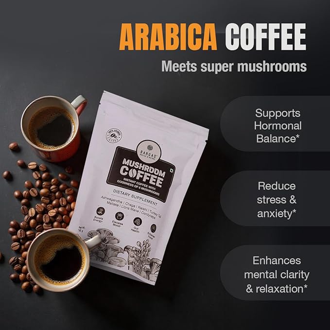 Bargad Mushroom Coffee | 6 Adaptogen Mushrooms | Premium Instant Coffee with Benefits of Lion's Mane Chaga &amp Turkey Tail for Better Focus Immune Support Energy Digestion &amp Skin | 30 Servin