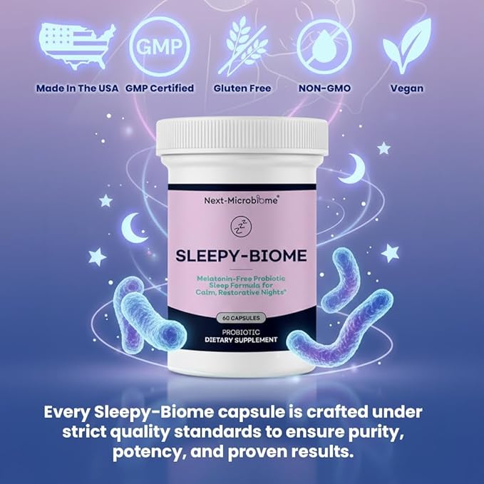 Sleepy-Biome – Melatonin-Free Probiotic Sleep Formula with GABA L-Theanine 5-HTP Valerian Lavender Lemon Balm &amp Ashwagandha – Gut-Brain Axis Support for Calm Restorative Sleep – 60 Capsules