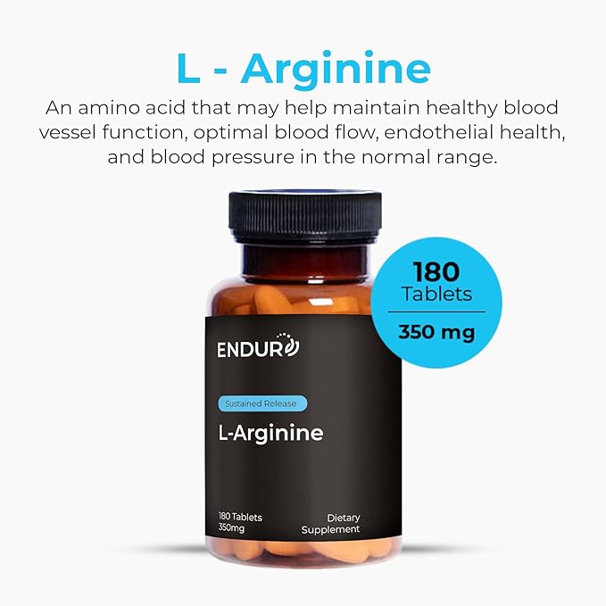 Endurance Products ENDUR - L-Arginine - 350 mg - Blood Flow &amp Heart Function Support - High-Potency - Supports Nitric Oxide Production for Overall Blood Flow &amp Vascular Health - 180 Tablets