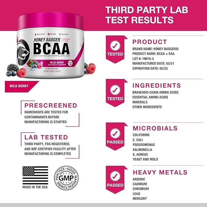 Honey Badger Pre Workout Powder &amp BCAA Amino Acids Powder Bundle | Beta Alanine Caffeine &amp Vitamin C + Electrolytes | Vegan Keto Sugar Free &amp Paleo for Men &amp Women | 30 Servings (Wild