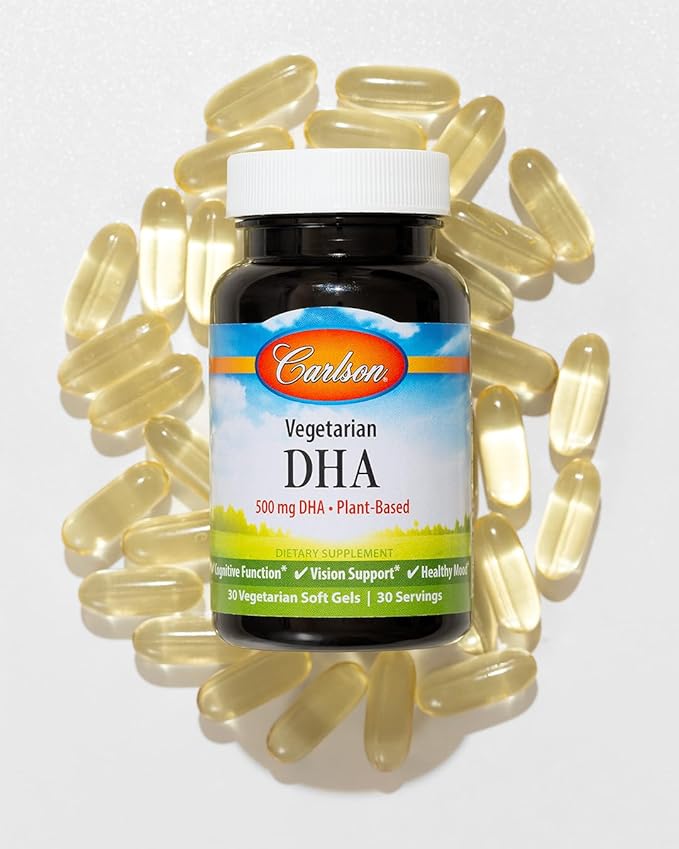 Carlson - Vegetarian DHA 500 mg DHA Plant Based Sustainably Sourced from Algae Brain Support Mood Health 30 Softgels