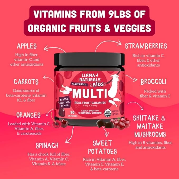 Llama Naturals Kids Multivitamin Gummies | Real Fruit No Added Sugar Cane | Organic Vegan Toddler Whole Food Vitamins | Vitamin D C &amp Beta Carotene Gummy Supplement | Cherry 90 Ct (1-2 Months)