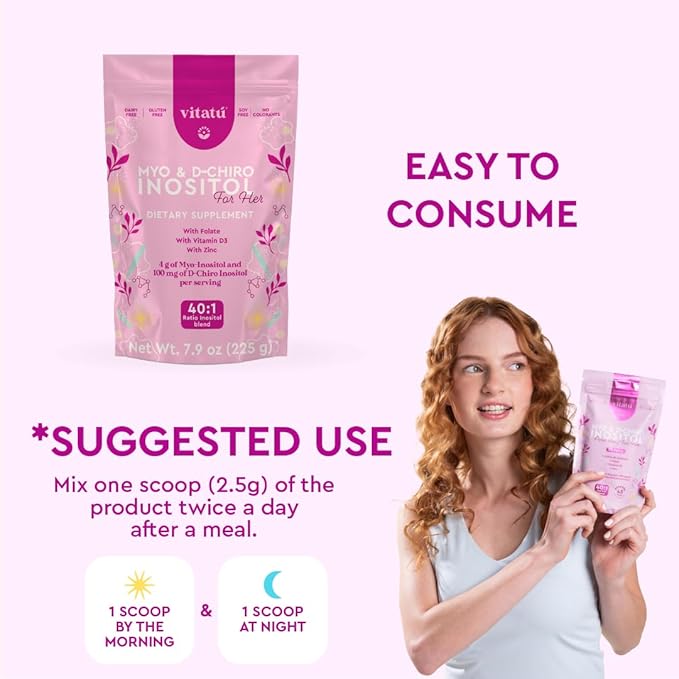 Vitatú | Myo Inositol (4g) &amp D-Chiro Inositol (1g) Ideal Mix 40:1 | Duration 45 Days | with Folic Acid + Vitamin D3 + Zinc Powdered Dietary Supplement for Women (225 g)