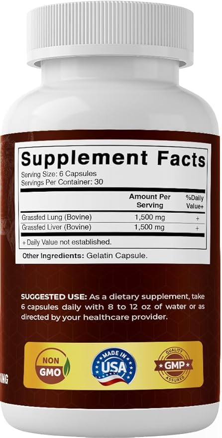 Vitamatic Grass-Fed Beef Lung with Liver 180 Capsules – Freeze-Dried Non-GMO Bovine Liver Supplement – Pasture-Raised Glandular-Based Formula