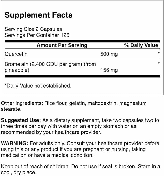 Swanson Quercetin &amp Bromelain-Promote Respiratory Health Support-Aid Seasonal Immune System Health-Support Cholesterol Levels Already w/i Normal Range (250mg Quercetin/78mg Bromelain) 250 Caps 2 P