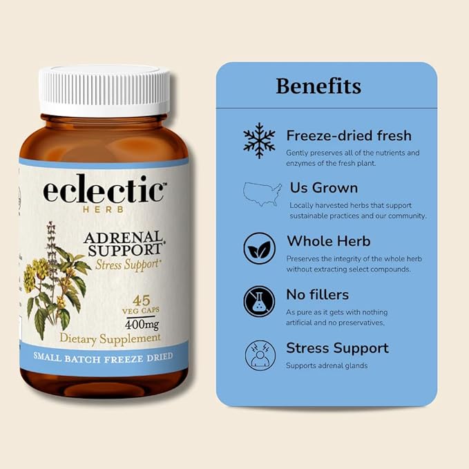 Eclectic Herb - Adrenal Support Capsules | Herbal Supplement | Rhodiola &amp Ashwagandha Supplements | Fatigue Support | Vegan Non-GMO Gluten-Free (45 CT | 400 mg)