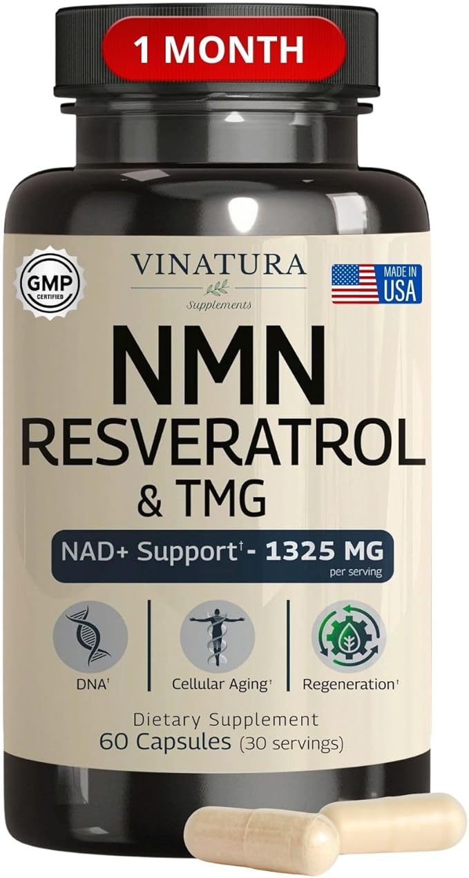 VINATURA NMN Complex Supplement 1325MG - NMN 1000mg with Resveratrol and TMG Support NAD+ 60 Capsules