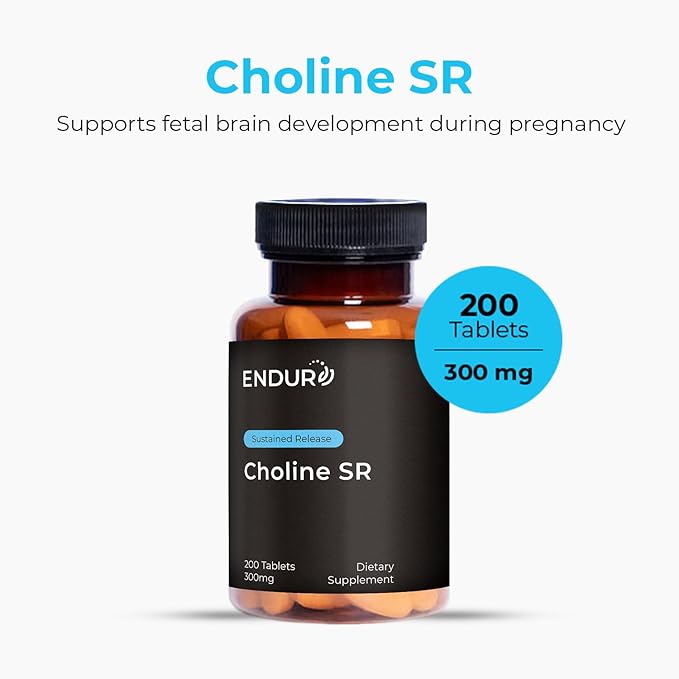ENDUR - Choline L(+) Bitartrate - SR (Sustained Release) 300 mg - Brain Liver Cellular &amp Fetal Development - Pregnancy Support - Optimal 6–8 Hour Absorption Delivery - 200 Tablets
