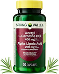 Spring Valley Acetyl L-Carnitine HCl 400 mg &amp Alpha Lipoic Acid 200 mg Brain Health Support Gluten Free 50 Capsules