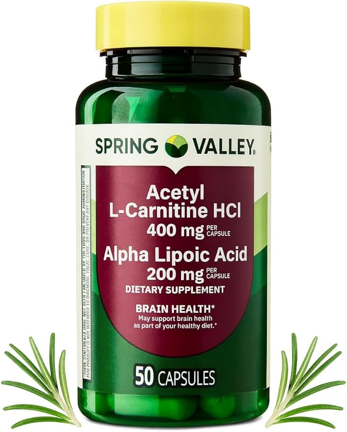 Spring Valley Acetyl L-Carnitine HCl 400 mg &amp Alpha Lipoic Acid 200 mg Brain Health Support Gluten Free 50 Capsules