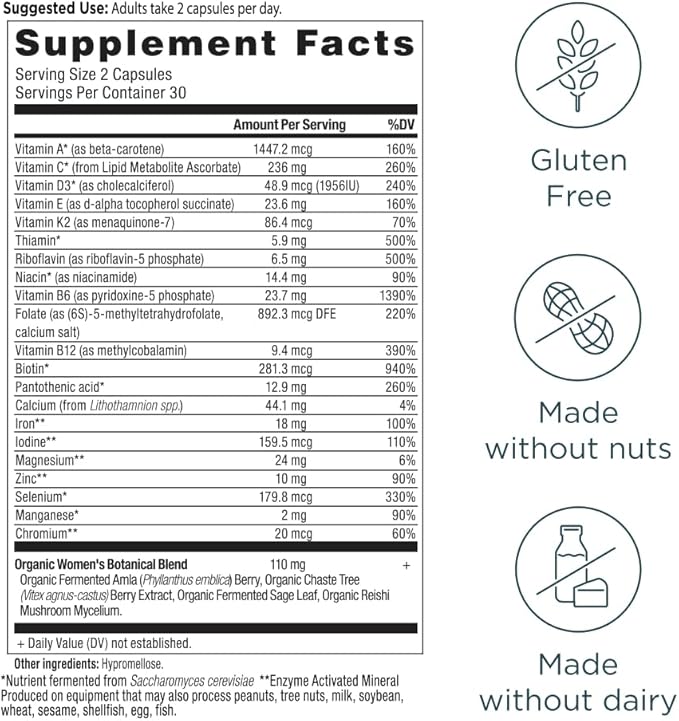 Ancient Nutrition Multivitamin for Women Women's Fermented Multivitamin with Methylated Vitamin C D K Zinc &amp Magnesium Immune Support Vegan 60 Ct