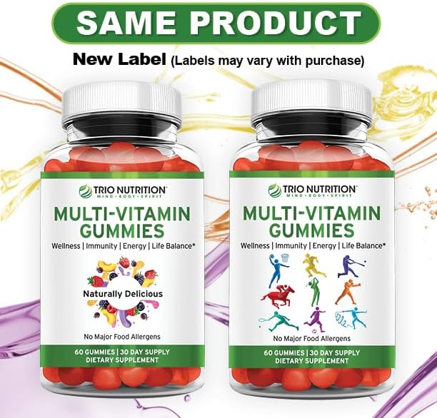 TRIO NUTRITION Daily Multivitamin Gummies for Men &amp Women - Natural Fruit Flavor with Essential Vitamins A B C D E &amp Zinc - No Major Allergens Immune Support &amp Energy Boost Supplement