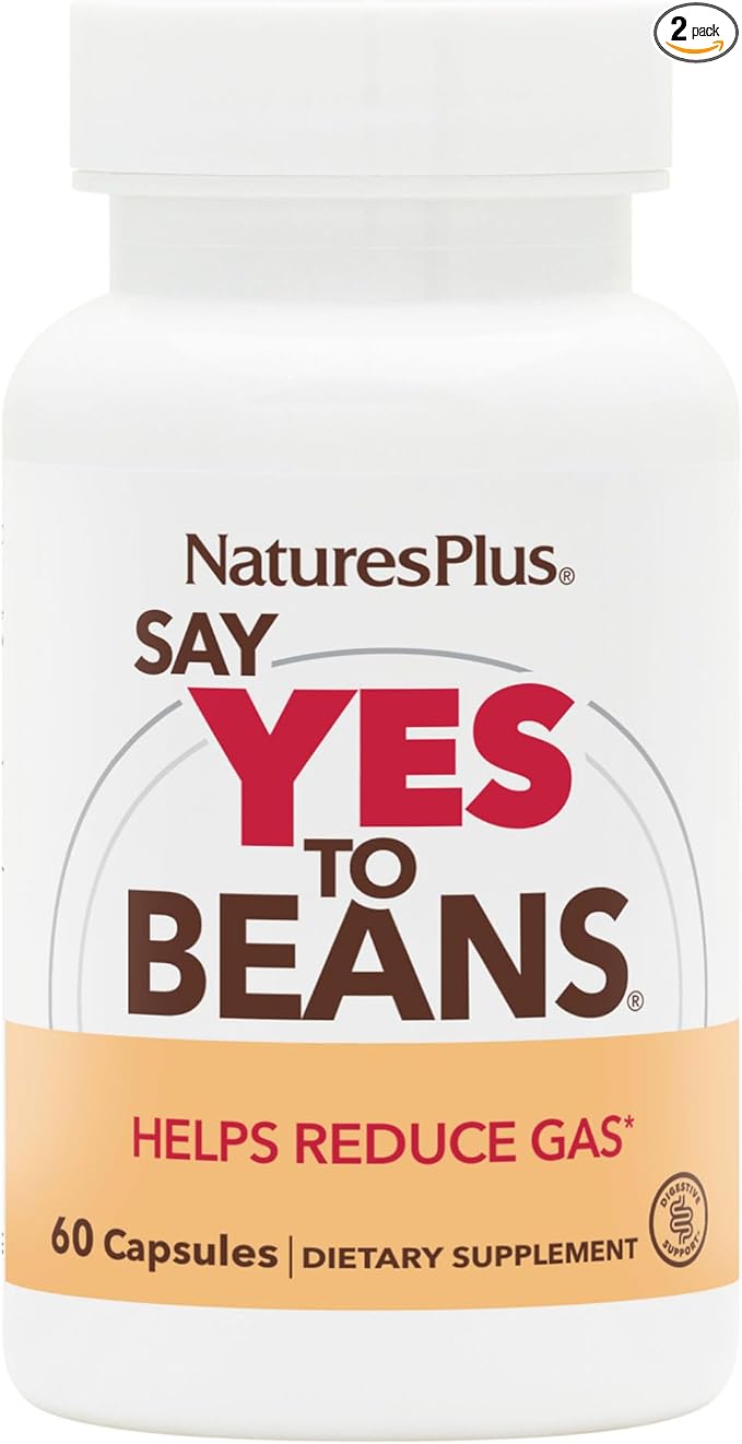 NaturesPlus Say Yes to Beans - 60 Capsules Pack of 2 - Helps Reduce Gas Bloating Stomach Upset &amp Digestive Discomfort - Supports Healthy Digestion for Fiber-Rich Meals - Vegan - 120 Total Servi