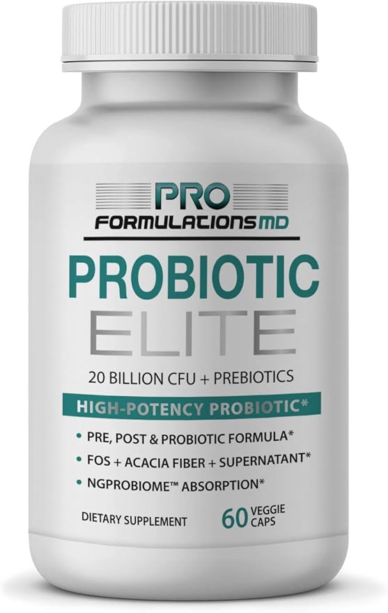 Pro Formulations MD Probiotic Elite – Synbiotic with FOS + Supernatant – 60 vcaps – Pre Post &amp Probiotic Digestive Support with 20 Billion CFU FOS Acacia Fiber &amp Freeze – Dried Culture Powd