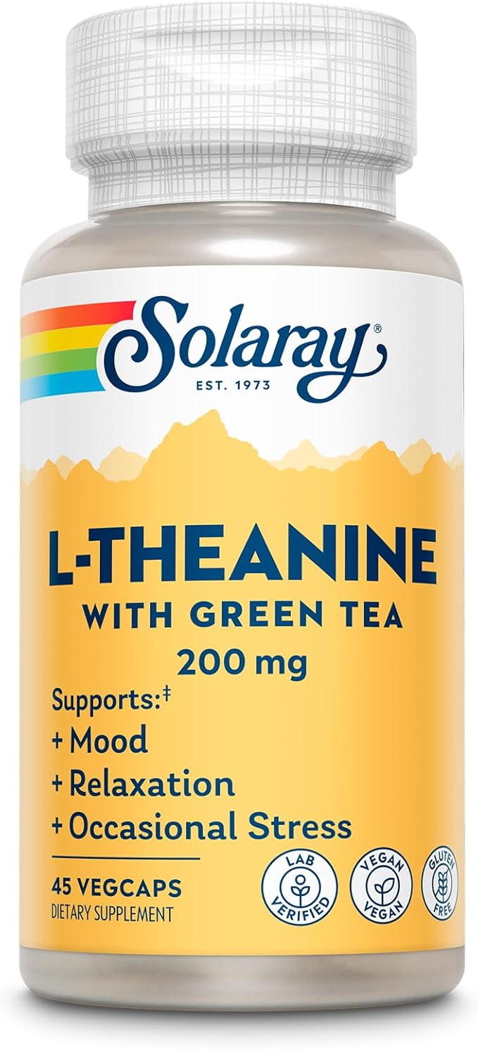 SOLARAY L-Theanine 200mg with Green Tea - Healthy Mood Relaxation and Occasional Stress Support - Lab Verified Vegan Gluten Free - 45 Servings 45 VegCaps