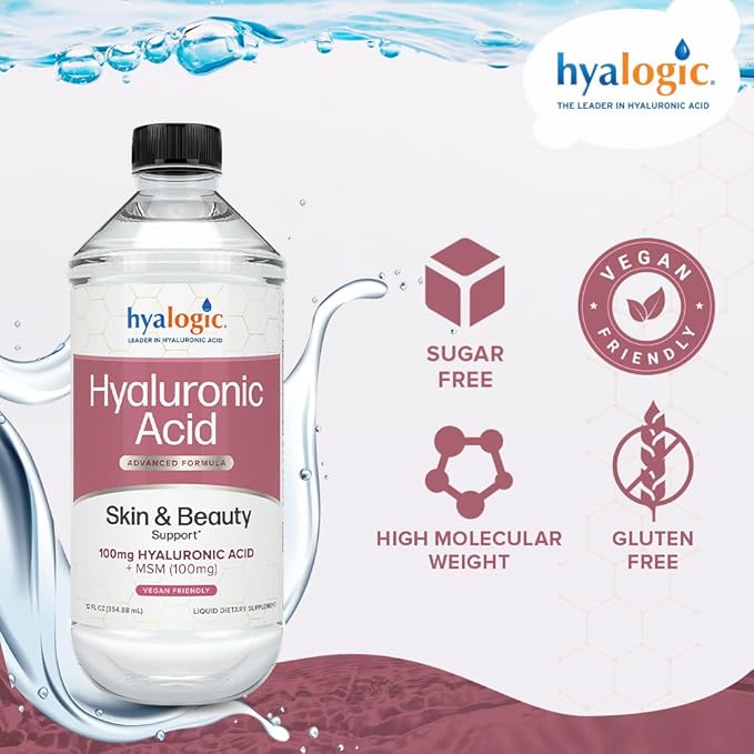 Hyalogic Liquid Hyaluronic Acid Supplement - Ingestible Skin Support with 100mg HA and 100mg MSM - Natural Hydration for The Face Eyes and Lips - High Molecular Weight Formula - 12 oz