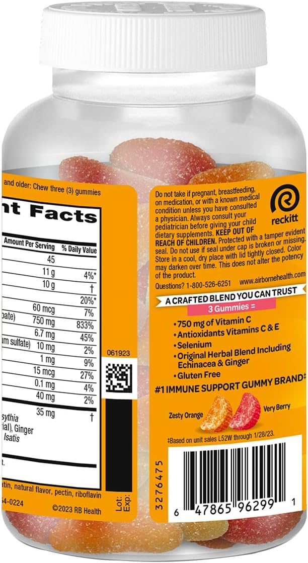 Airborne 750mg Vitamin C Immune Support Supplement Gummies for Adults Assorted Fruit Flavor Gluten Free Crafted Blend with Powerful Antioxidants Vitamins A C &amp E 63 Gummies (3 Pack)