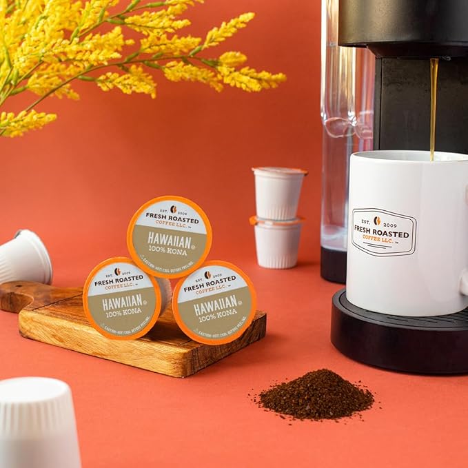 Fresh Roasted Coffee 100% Hawaiian Kona Medium Roast Kosher K-Cup Compatible 24 Pods