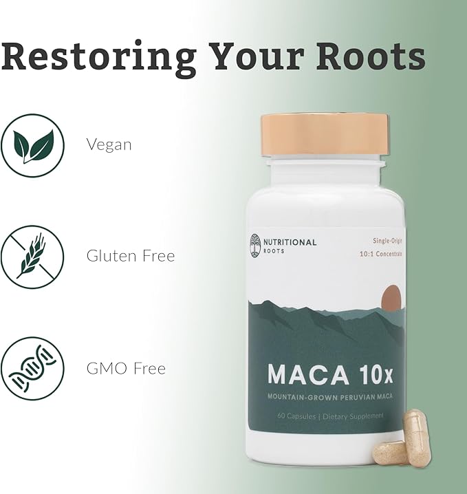 Nutritional Roots Maca Root Capsules: Peruvian Maca 10x Made with Organic Maca Powder (Lepidum meyennii) 10:1 Concentration Single-Origin Vegan Gelatinized Maca Supplement 60 ct.
