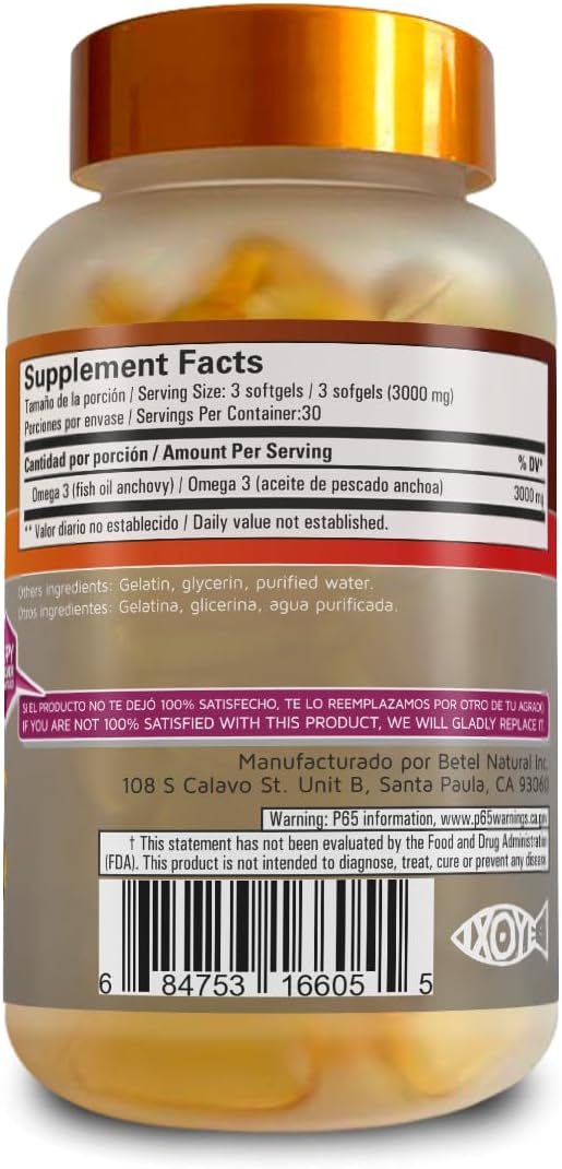 Betel Natural Premium Omega 3 Fish Oil EPA/DHA Aceite de Pescado - 90 Softgels
