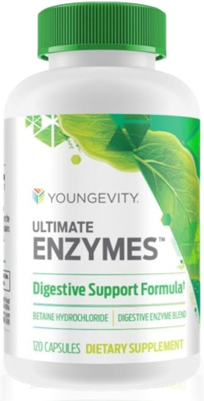 Youngevity Ultimate Enzymes® - Multi Enzymes for Digestion Gas &amp Bloating Relief - Betaine HCl Ox Bile Pancreatine 10X Papain 6M Pepsin 1:3000 (120 Capsules)