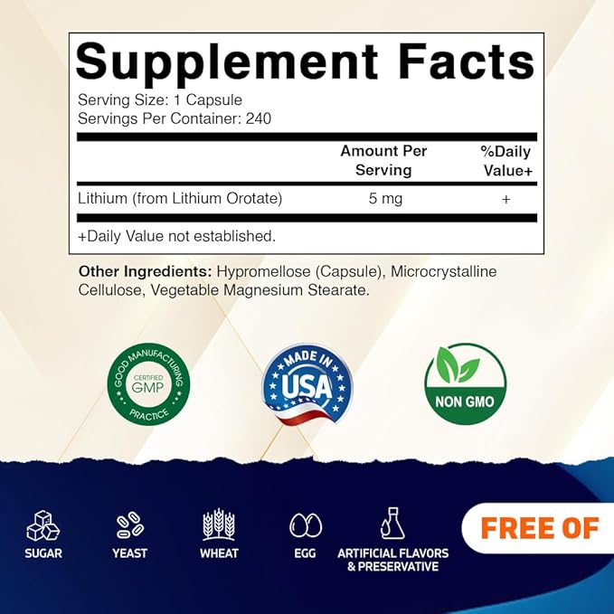 Vitamatic Lithium Orotate 5mg 240 Veggie Capsules Non-GMO Gluten Free. - 4 Pack