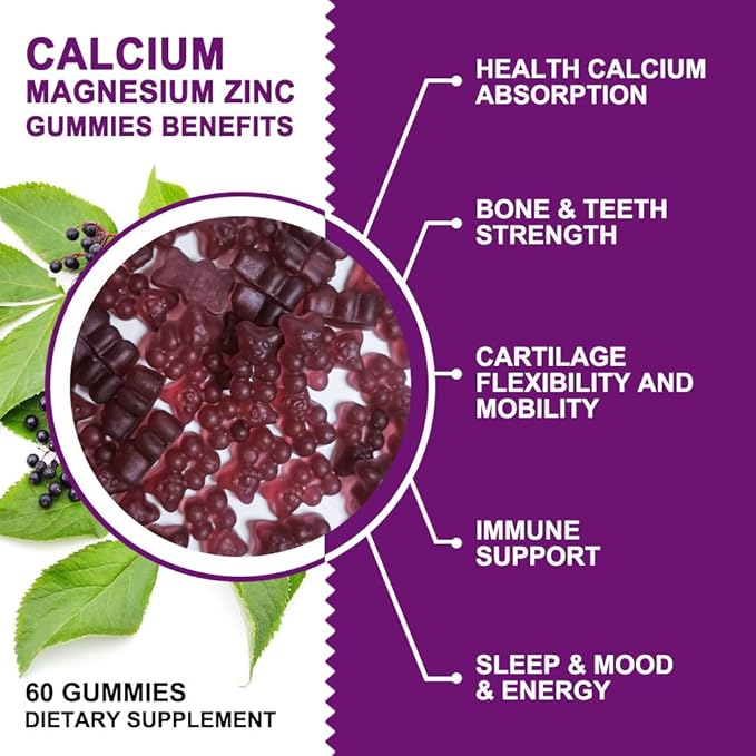 Calcium Magnesium Zinc Gummies with High Absorption Magnesium Glycinate 300mg Potassium - Plant Complex Calcium Magnesium 2:1 Ratio with D3 Sea Moss for Bone Immune &amp Sleep Support Vegan-2 Pac