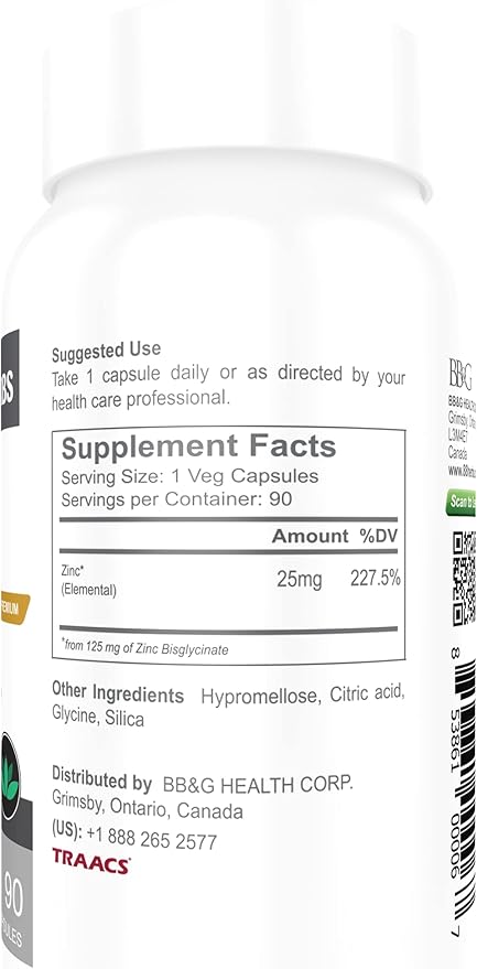 Zinc Bisglycinate – Highest Absorption – Non Buffered – Premium Grade - 90 Veg Caps – 25 mg (Elemental Zinc)