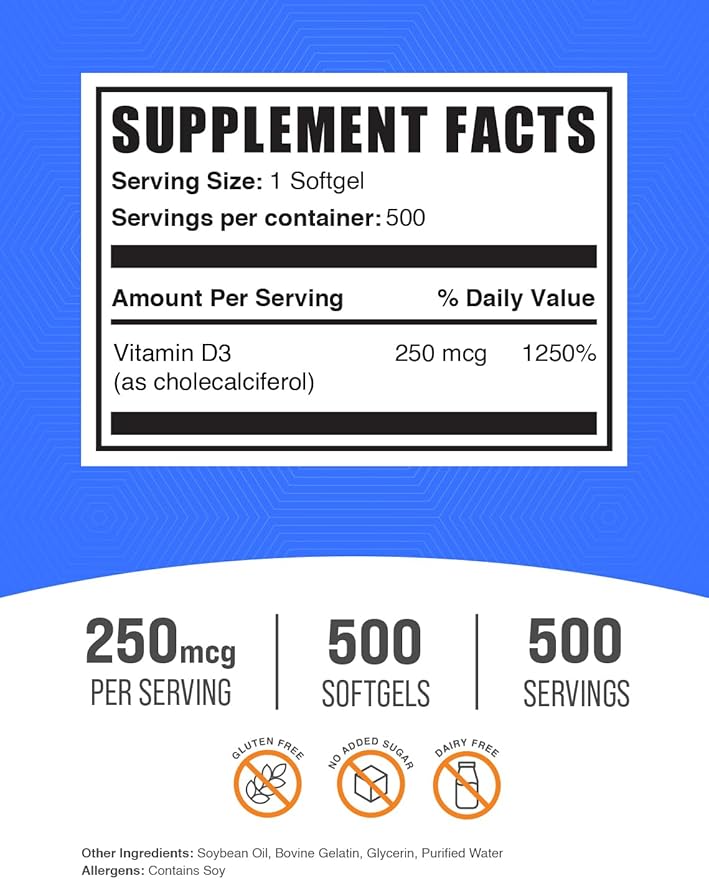 BulkSupplements.com Vitamin D3 10000IU Softgels - Cholecalciferol D3 Supplement Vitamin D 10000 IU - 1 Vitamin D3 Softgel (250mcg of Vitamin D) per Serving - 500-Day Supply 500 Softgels