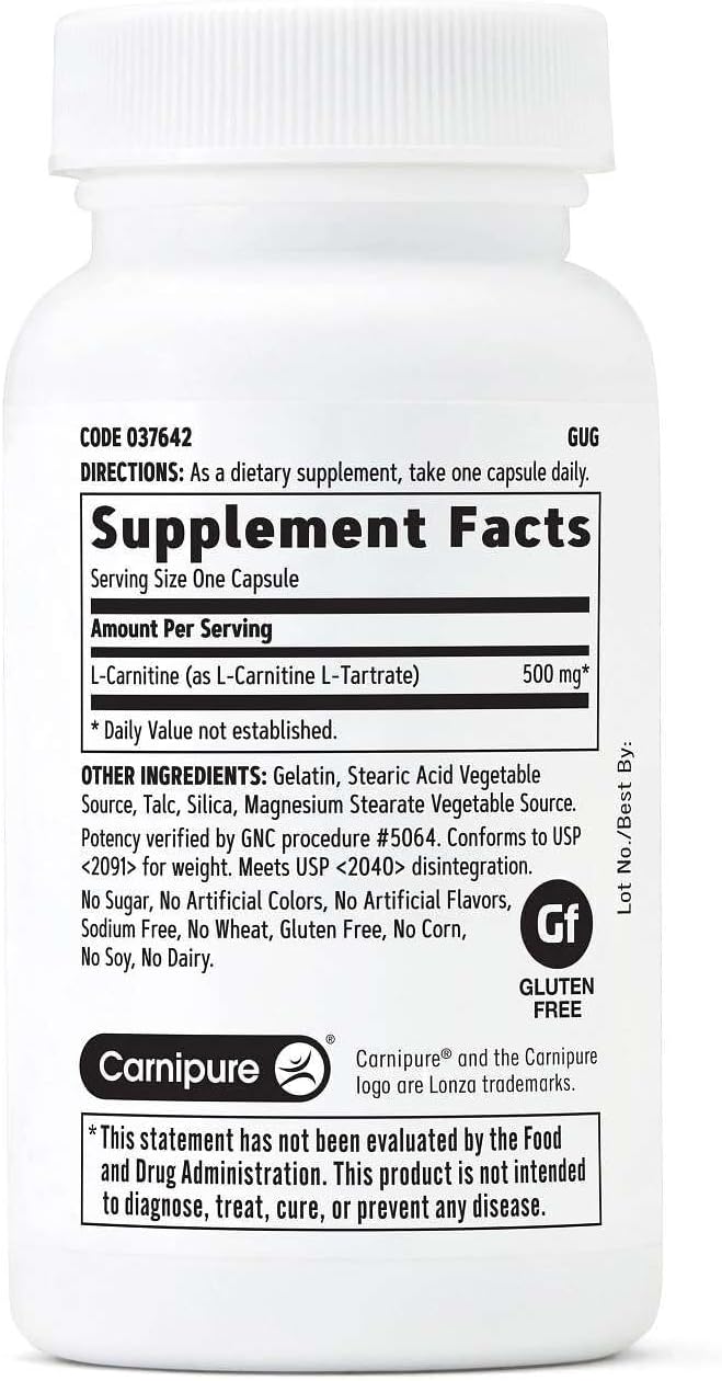 GNC L-Carnitine 500mg Helps Metabolize Long-Chain Fatty Acids 60 Capsules