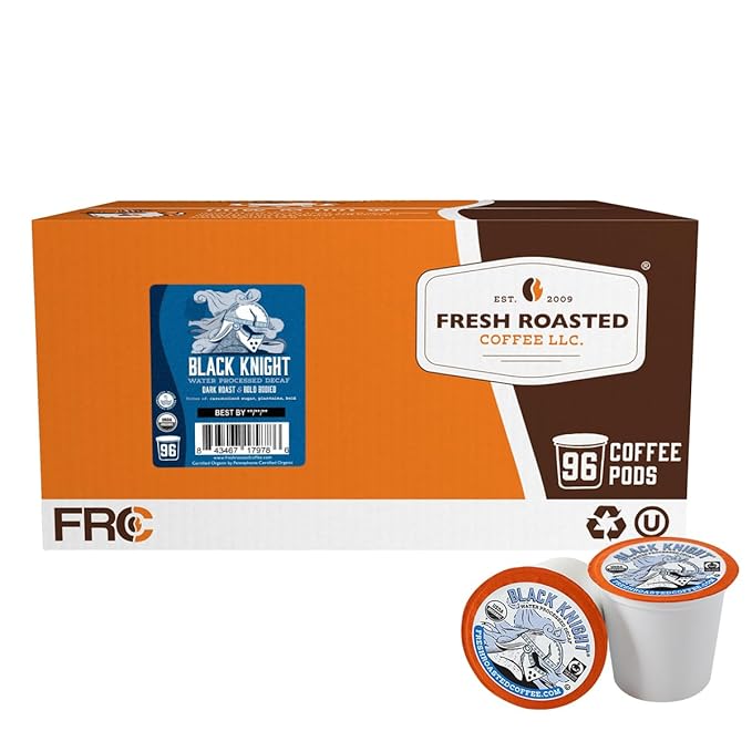 Fresh Roasted Coffee Organic Black Knight Water-Processed Decaf | USDA Organic Kosher | Dark Roast | 96 Pods for K Cup Brewers