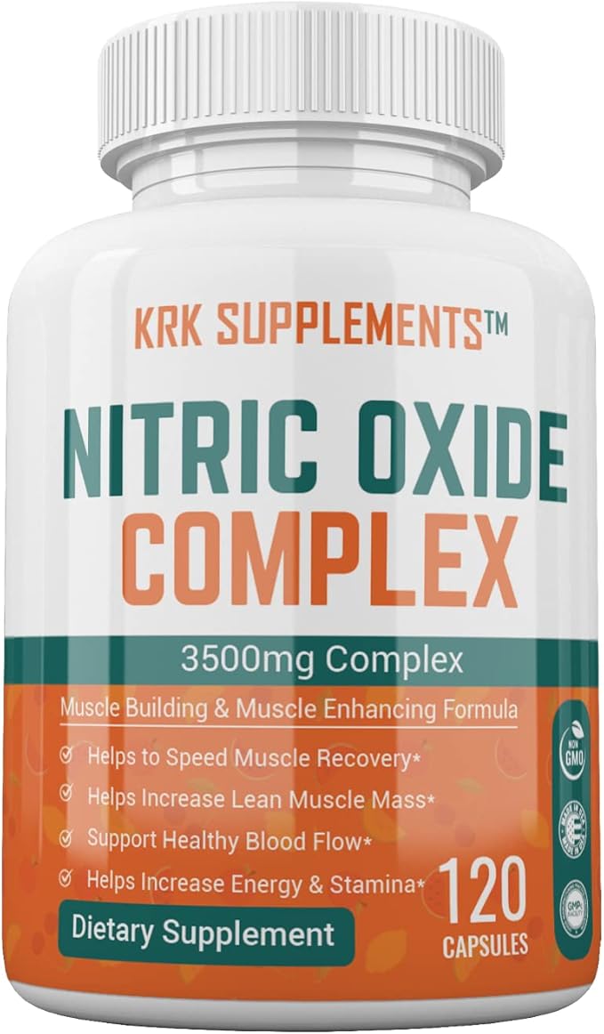 KRK SUPPLEMENTS 1 Bottle Nitric Oxide Complex 3500mg Per Serving L-Arginine HCL AAKG AKG Alpha Ketoglutarate Citrulline Malate 120 Capsules