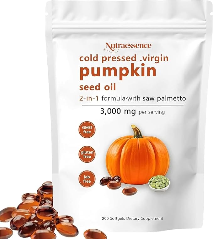 Nutra essence Pumpkin Seed Oil with Saw Palmetto200 Softgels | Cold Pressed Pure Virgin Oil Essential Fatty Acids &amp Phytosterols | Supports Hair Urinary Bladder &amp Prostate Health | Non-GM