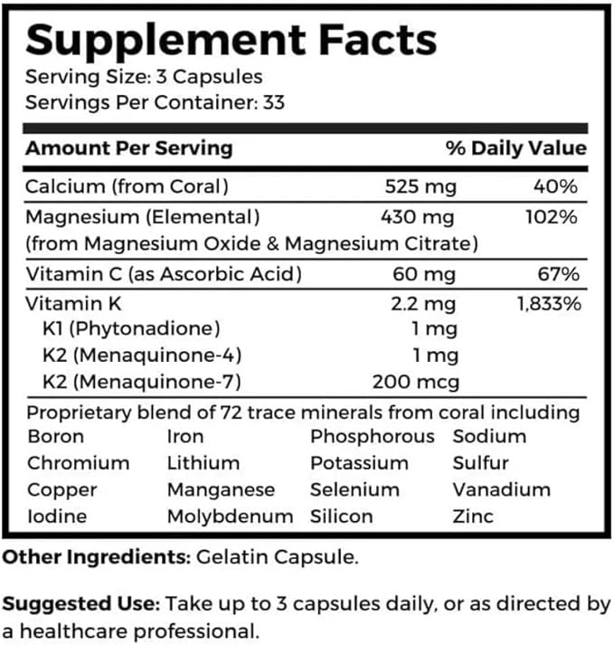 Dr. Clark Store Coral Cal-Mag K2 993mg Calcium &amp Magnesium Supplement for Women and Men 100 Gelatin Capsules 33 Servings Supports Bone Health &amp pH Balance 72 Trace Minerals &amp Vitamin