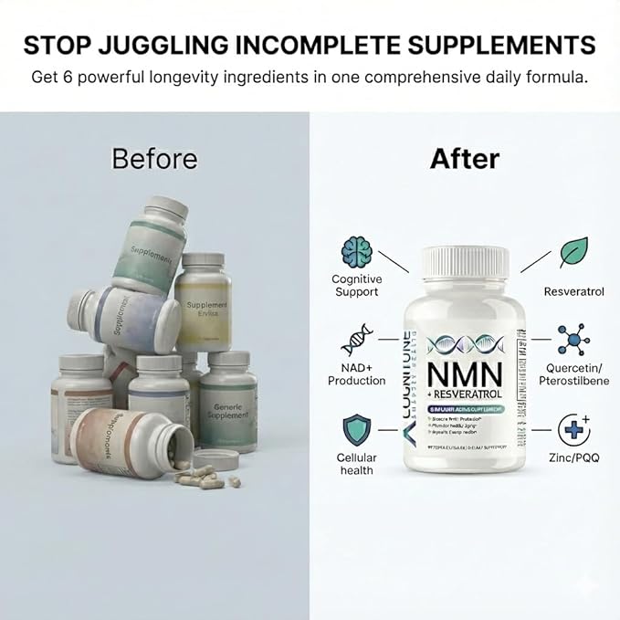 CogniTune NMN Supplement - NMN with Resveratrol Pterostilbene Quercetin Zinc &amp PQQ for NAD+ Cellular Energy - Longevity Support for Healthy Aging &amp Brain Function 1115mg